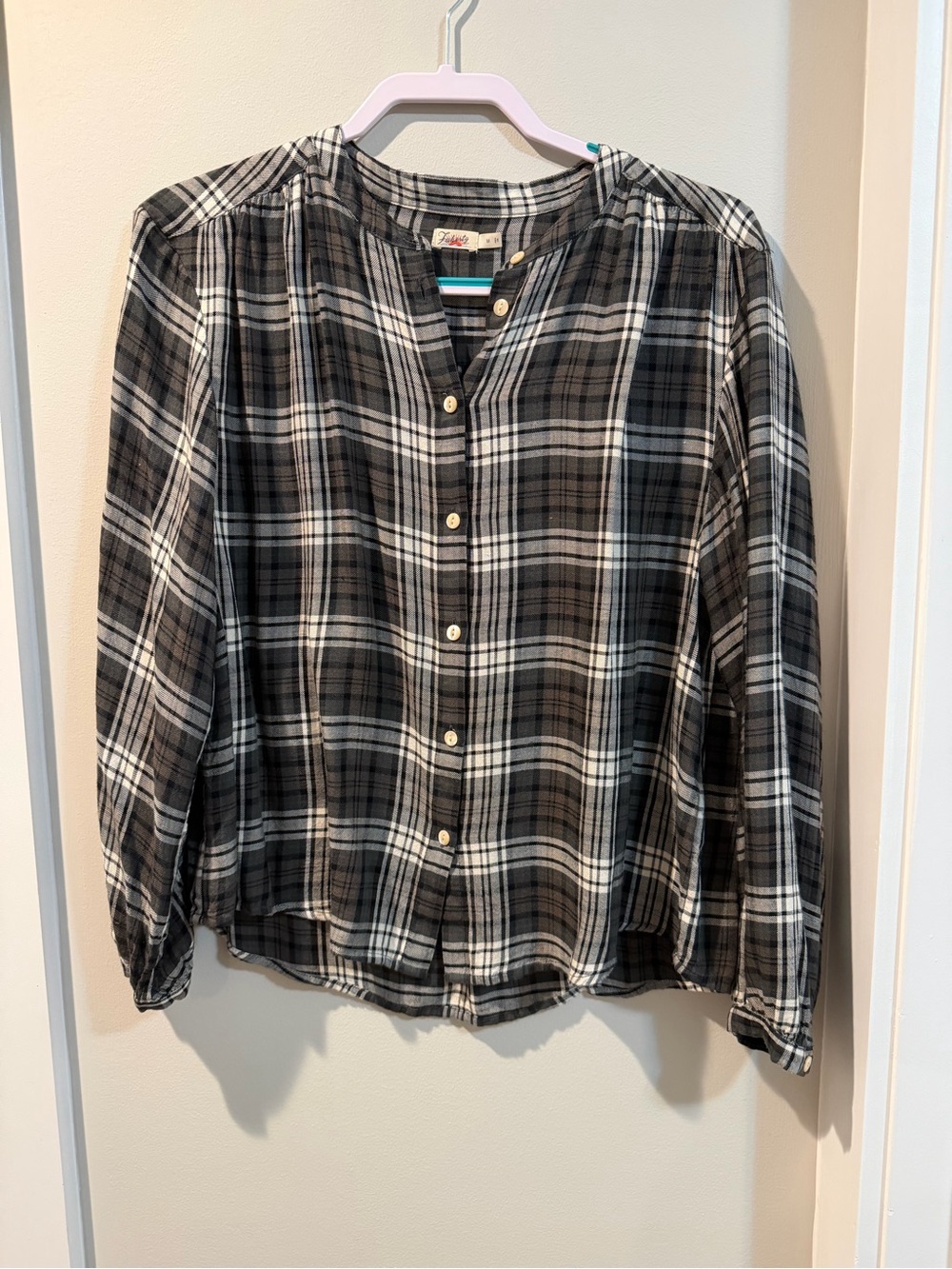 Faherty Black and White Plaid Button-Down Blouse